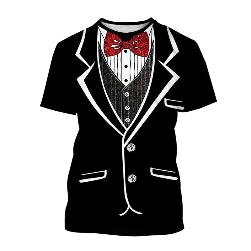 A black short-sleeve t-shirt with an all-over graphic print of a tuxedo jacket, vest, striped shirt, and a red bow tie. The word 'Gold' is written in yellow in the top-left corner on a plain white background.
