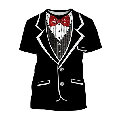 A black short-sleeve t-shirt with an all-over graphic print of a tuxedo jacket, vest, striped shirt, and a red bow tie. The word 'Gold' is written in yellow in the top-left corner on a plain white background.