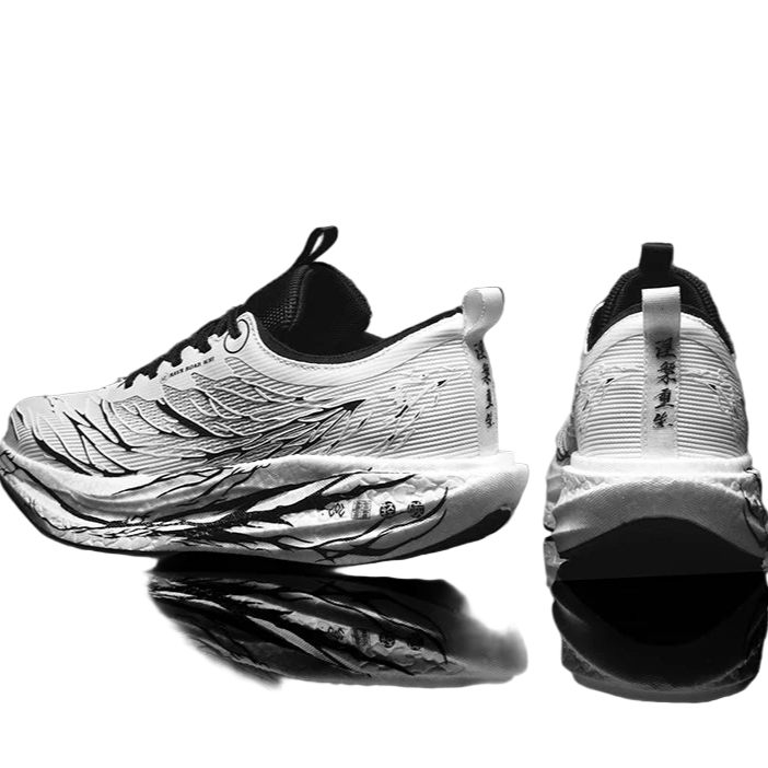 Black and white athletic shoes on a reflective surface with promotional text overlay.