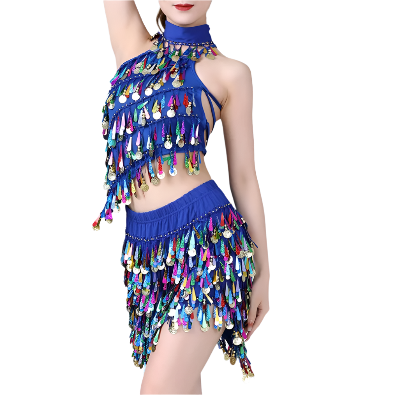  sequin coin tassel Latin dance set with fringe top and skirt for professional resort performances