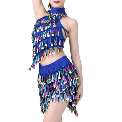  sequin coin tassel Latin dance set with fringe top and skirt for professional resort performances