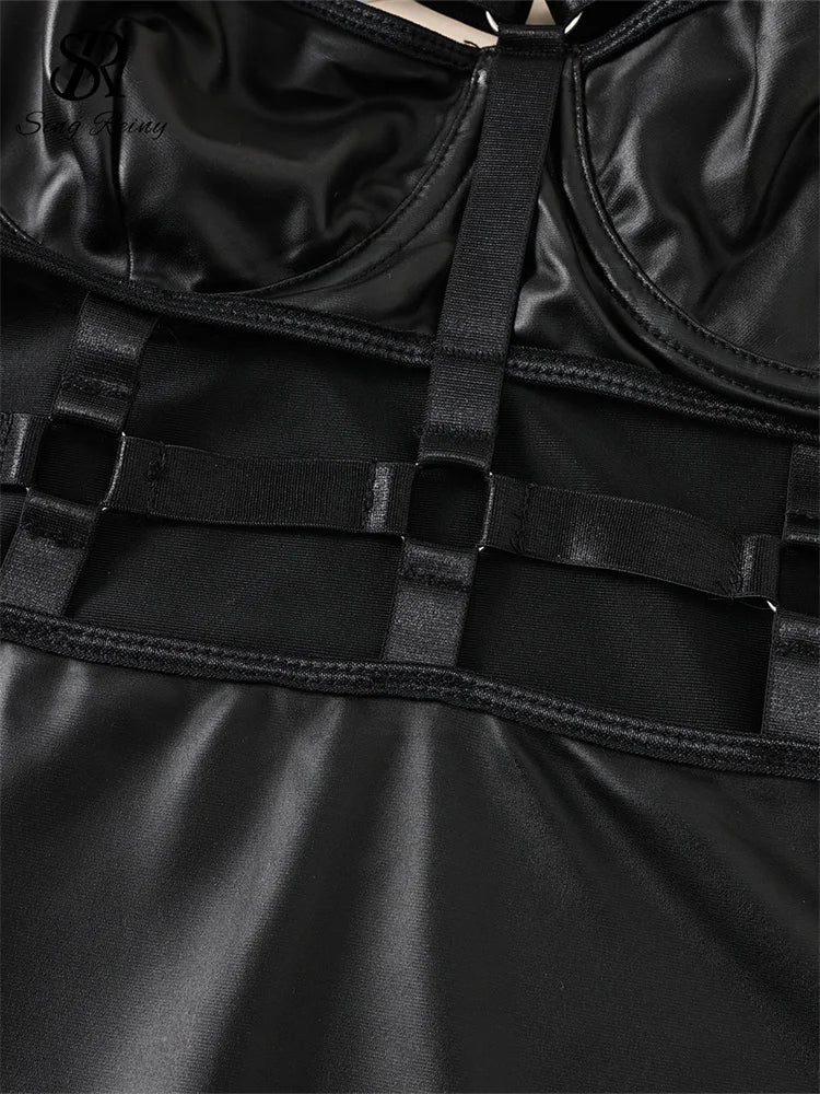 Black Leather Cut-Out Dress - European Style Strappy Theme Night Fashion