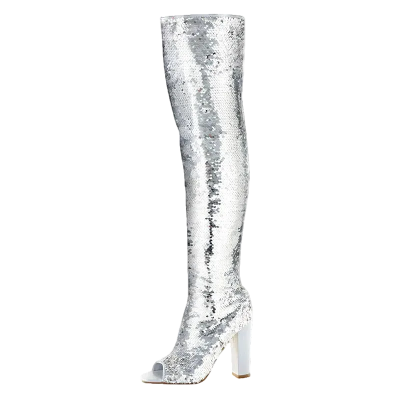A single silver sequined over-the-knee boot with a high block heel and open toe, shown on a plain white background. 