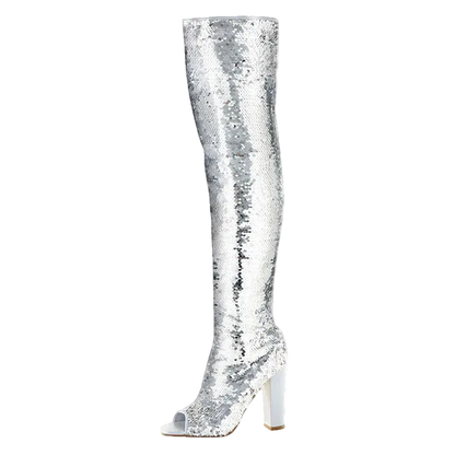 A single silver sequined over-the-knee boot with a high block heel and open toe, shown on a plain white background. 