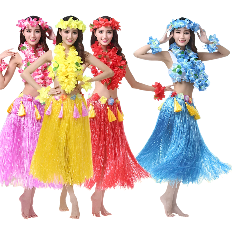 colorful hula outfits. Each ensemble includes a vibrant floral top, matching lei, and a grass skirt in pink, yellow, red, and blue, with floral headpieces and bracelets.