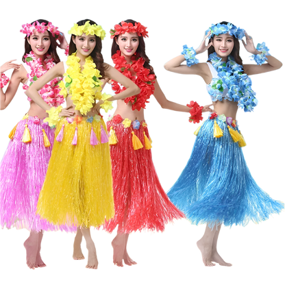 colorful hula outfits. Each ensemble includes a vibrant floral top, matching lei, and a grass skirt in pink, yellow, red, and blue, with floral headpieces and bracelets.