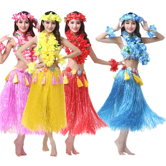 colorful hula outfits. Each ensemble includes a vibrant floral top, matching lei, and a grass skirt in pink, yellow, red, and blue, with floral headpieces and bracelets.