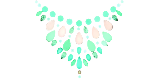 An arrangement of teardrop-shaped and circular gems in shades of mint green and pale pink, forming a decorative necklace pattern