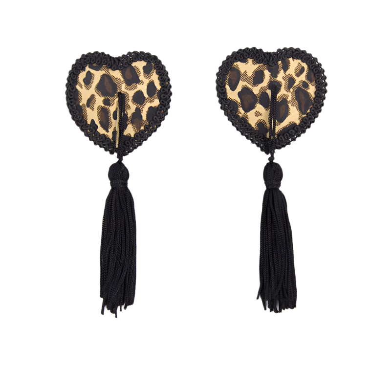 Elegant leopard print and red lace pasties with tassels, perfect for resort theme nights

