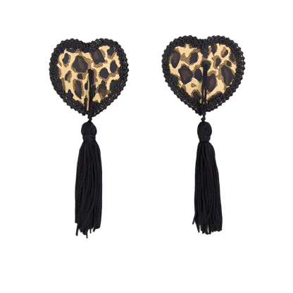 Elegant leopard print and red lace pasties with tassels, perfect for resort theme nights

