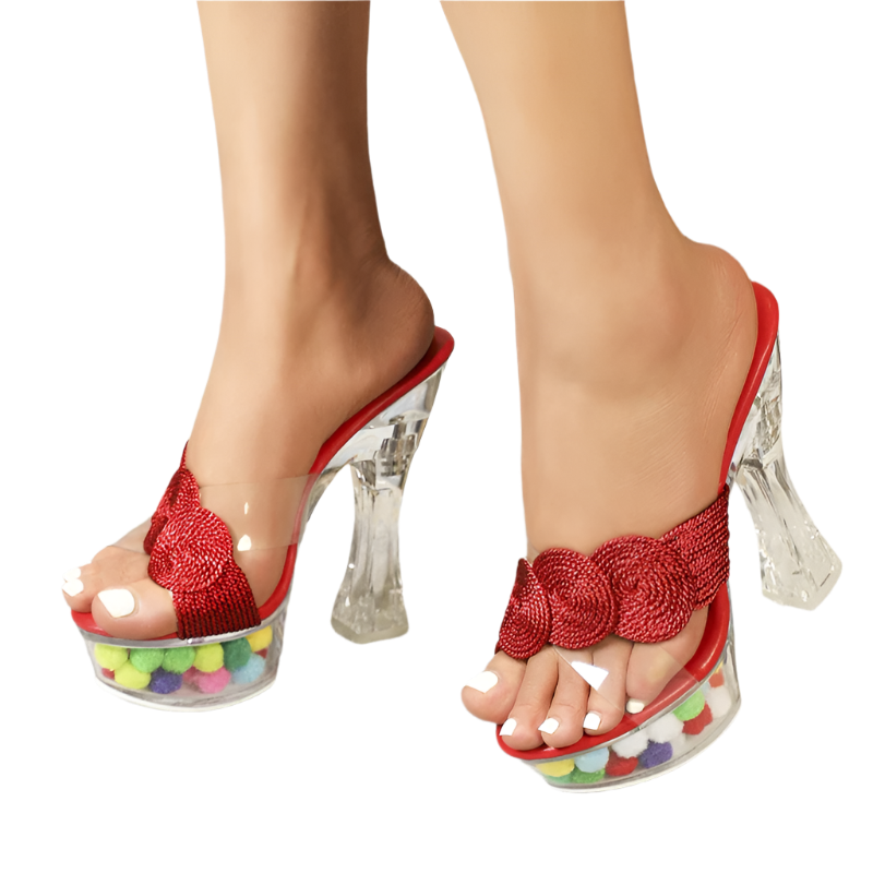 Crystal transparent pink platform slide mules with 14CM thick heels perfect for comfortable summer resort wear and theme nights

