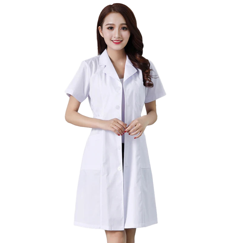 Woman wearing a white lab coat on a white background