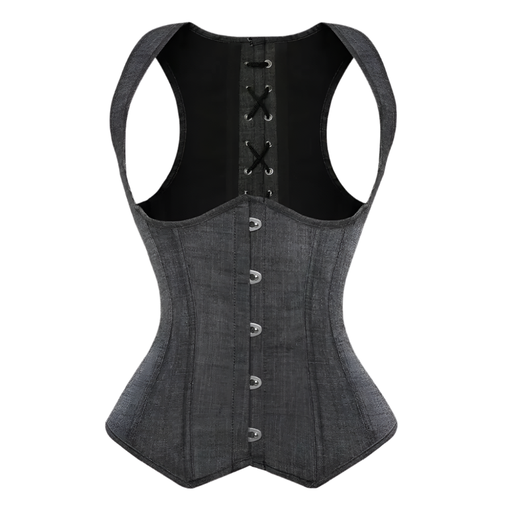 Black denim waist trainer with button details on a white background