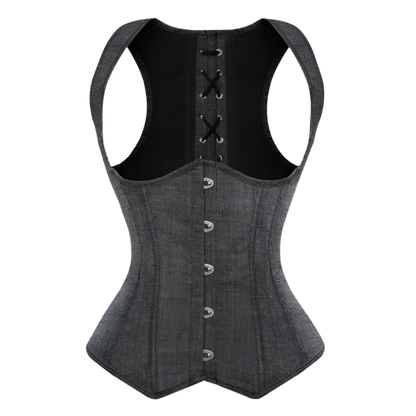 Black denim waist trainer with button details on a white background
