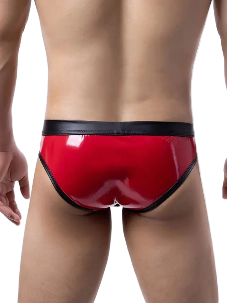 Red latex underwear with black waistband on a white background
