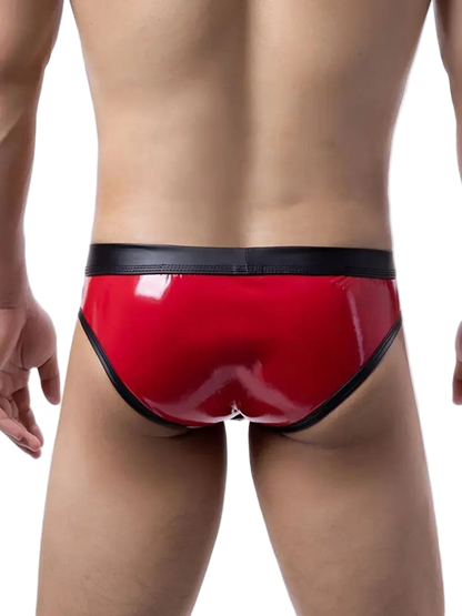Red latex underwear with black waistband on a white background