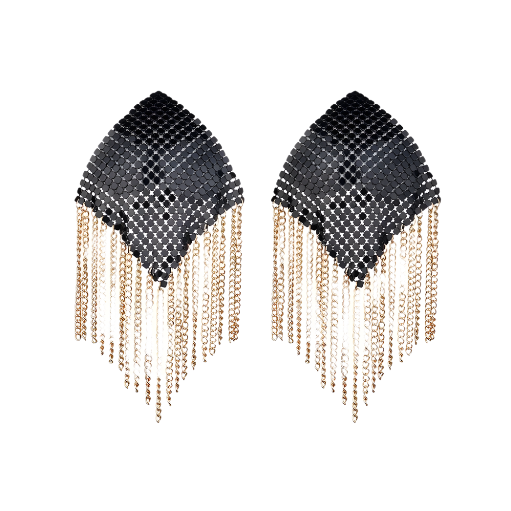 Metallic tassel nipple covers with rhombus design for resort evening wear
