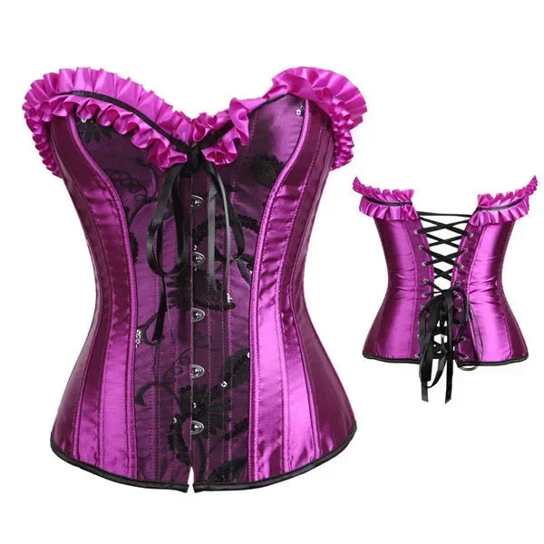 Purple satin corset with black lace detailing, ruffled trim, and a high-low layered skirt, designed for a dramatic and elegant burlesque-inspired look