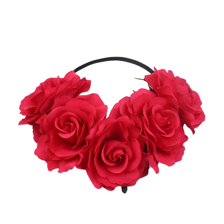 A floral headband featuring large, vibrant roses. The design is bold and romantic, perfect for a bohemian or festival look.