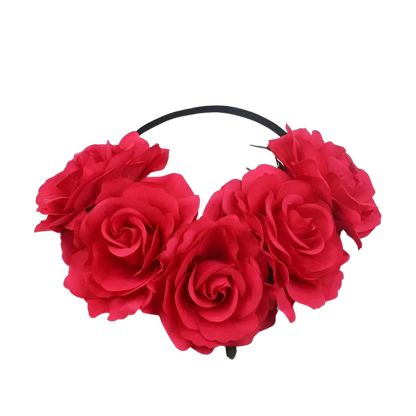 A floral headband featuring large, vibrant roses. The design is bold and romantic, perfect for a bohemian or festival look.