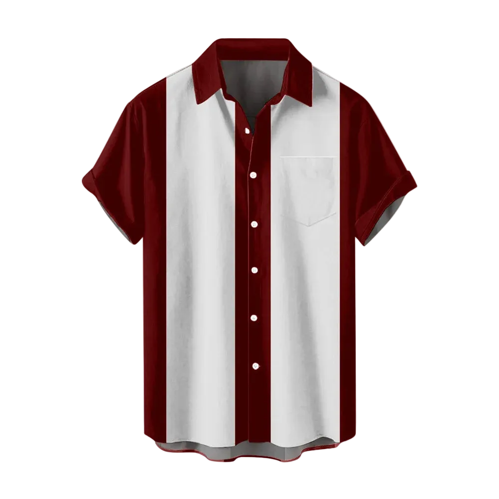 Short-sleeve shirt with maroon and white design on a white background