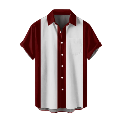Short-sleeve shirt with maroon and white design on a white background