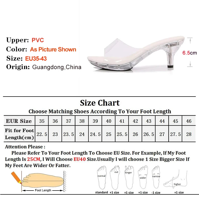 Clear high-heeled shoe with size chart and product details on a white background