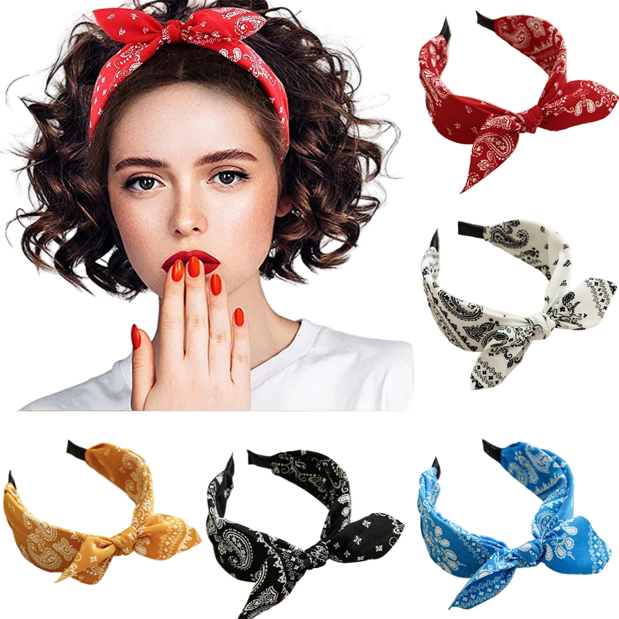 Woman wearing a red bandana headband with various patterned headbands displayed below.