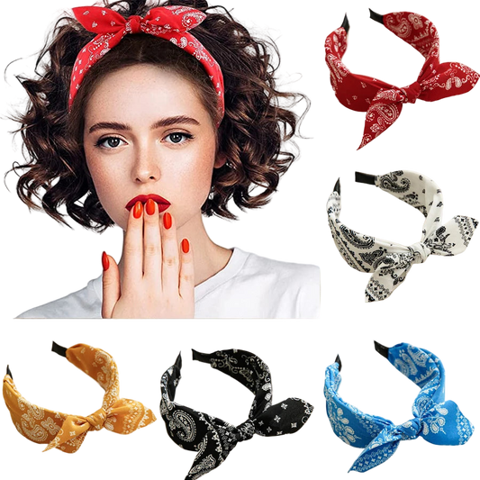 Woman wearing a red bandana headband with various patterned headbands displayed below.