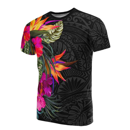 tropical  and black tribal-patterned t-shirt with turtle and floral designs.