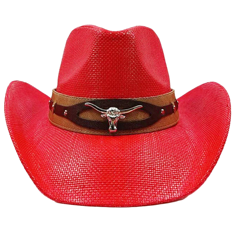 Red cowboy hat with a brown band featuring a bull emblem on a white background