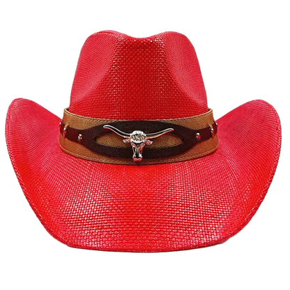 Red cowboy hat with a brown band featuring a bull emblem on a white background
