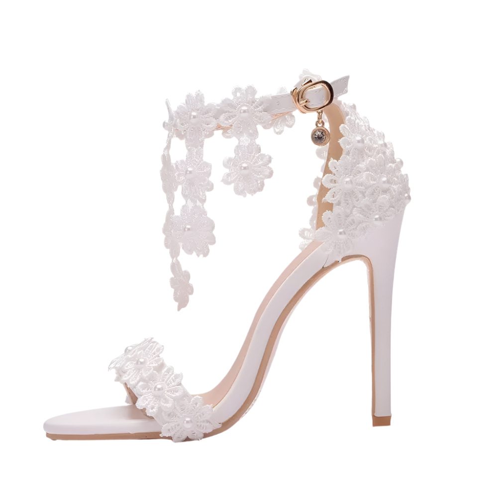 Ankle Strap Sandals | Elegant White Lace Flower Design