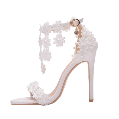 Ankle Strap Sandals | Elegant White Lace Flower Design