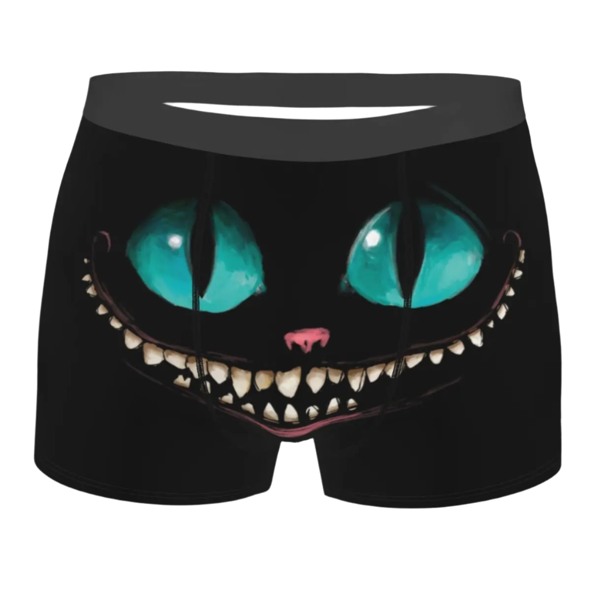 boxer shorts featuring the Cheshire Cat design from Alice in Wonderland, with glowing turquoise eyes and distinctive grinning teeth illuminated against a dark background.