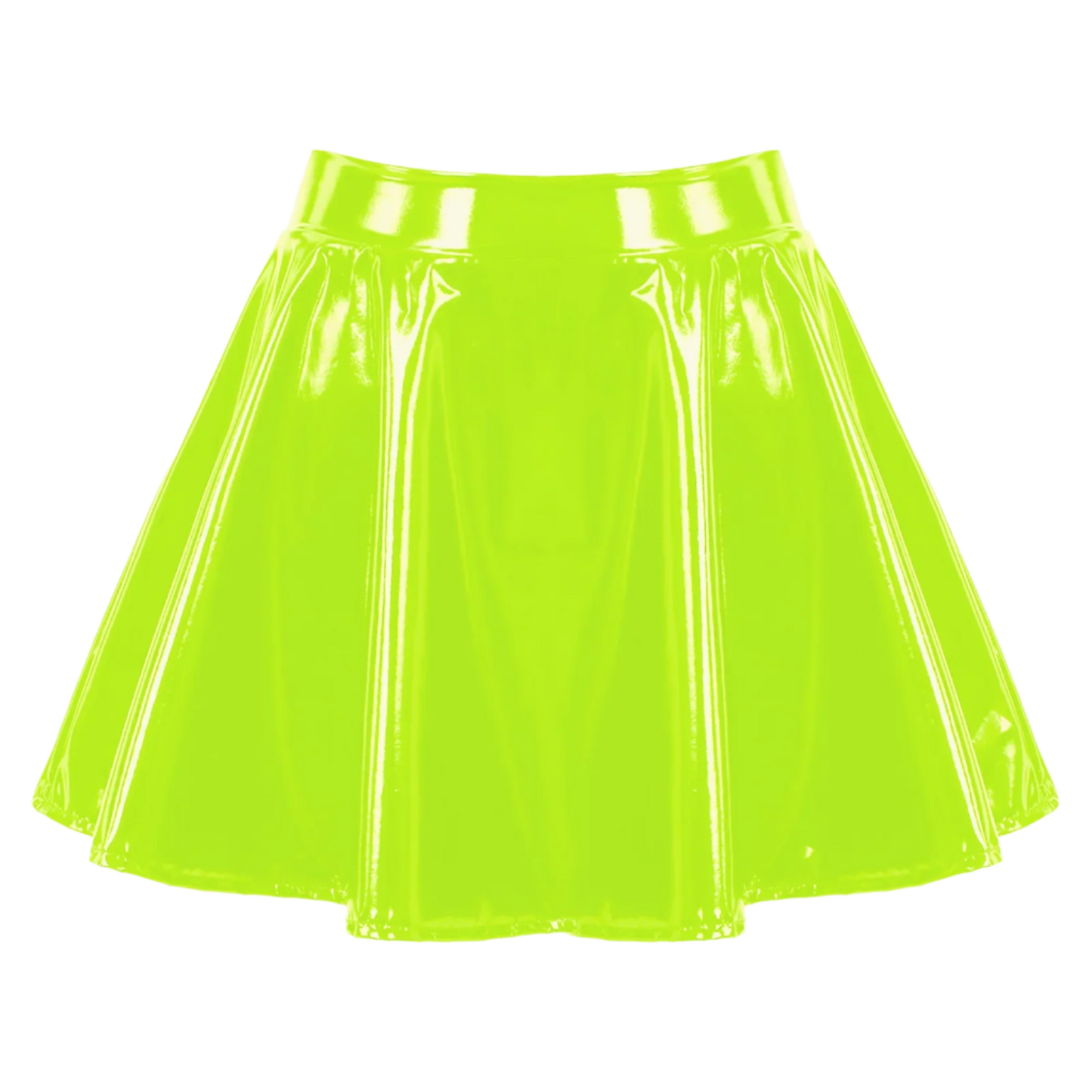 Neon Green Skirt: A shiny, bright neon green skirt with a flared design, offering a bold and vibrant look.

