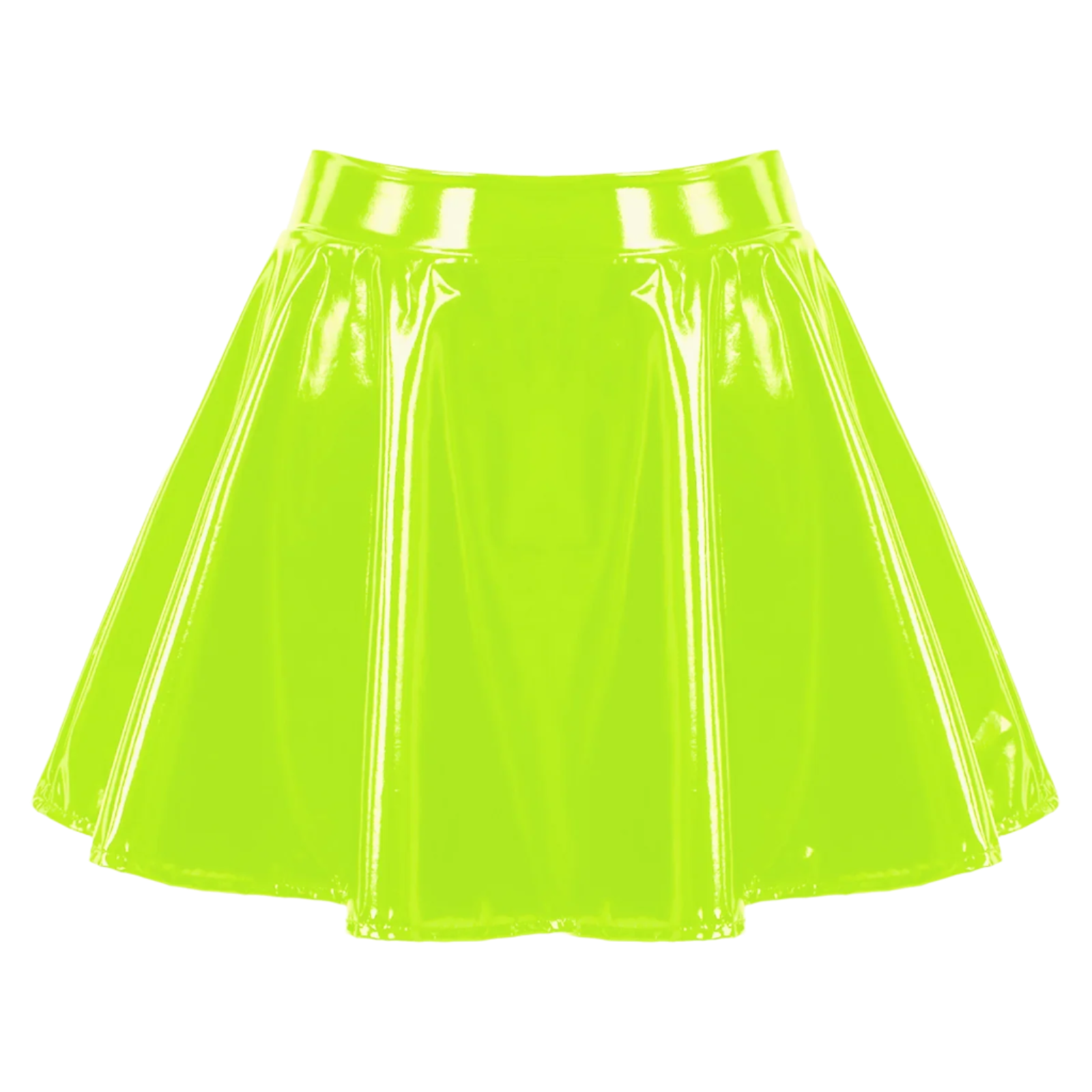 Neon Green Skirt: A shiny, bright neon green skirt with a flared design, offering a bold and vibrant look.

