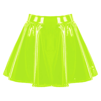 Neon Green Skirt: A shiny, bright neon green skirt with a flared design, offering a bold and vibrant look.

