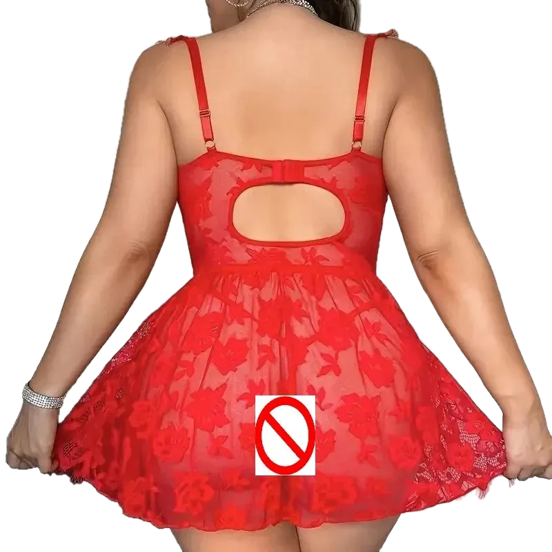A red sheer floral lace mini dress with spaghetti straps and a cutout back, shown on a model from the back against a white background.