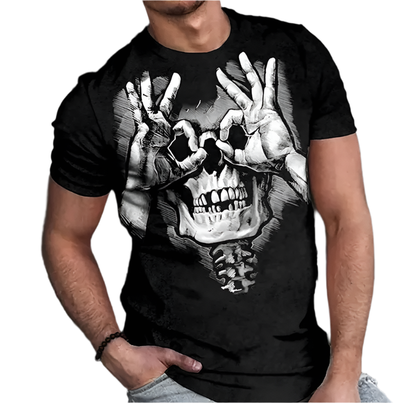Person wearing a black t-shirt with a skull and hand design.