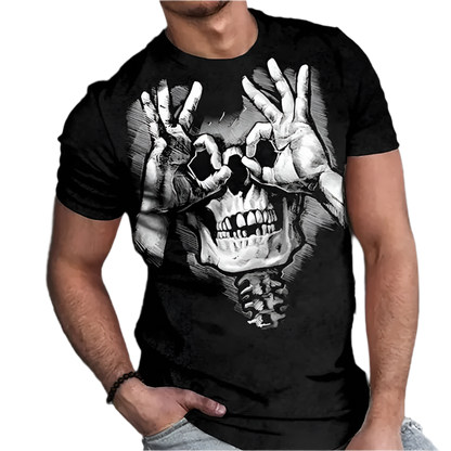 Person wearing a black t-shirt with a skull and hand design.