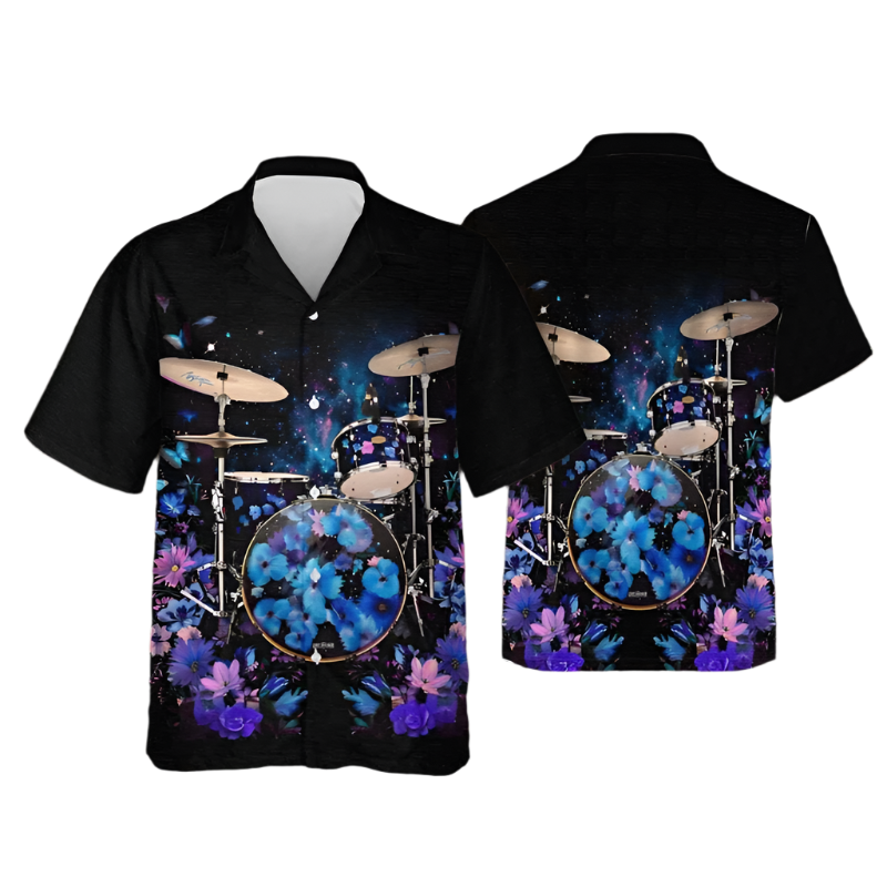 Black shirt with a colorful drum set design on a plain background