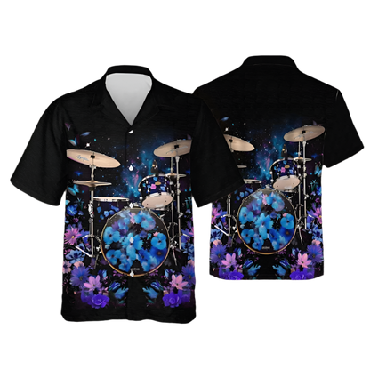 Black shirt with a colorful drum set design on a plain background