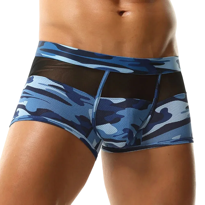 Men's boxer briefs featuring a blue camouflage pattern with a black mesh front panel, shown on a male model against a white background.