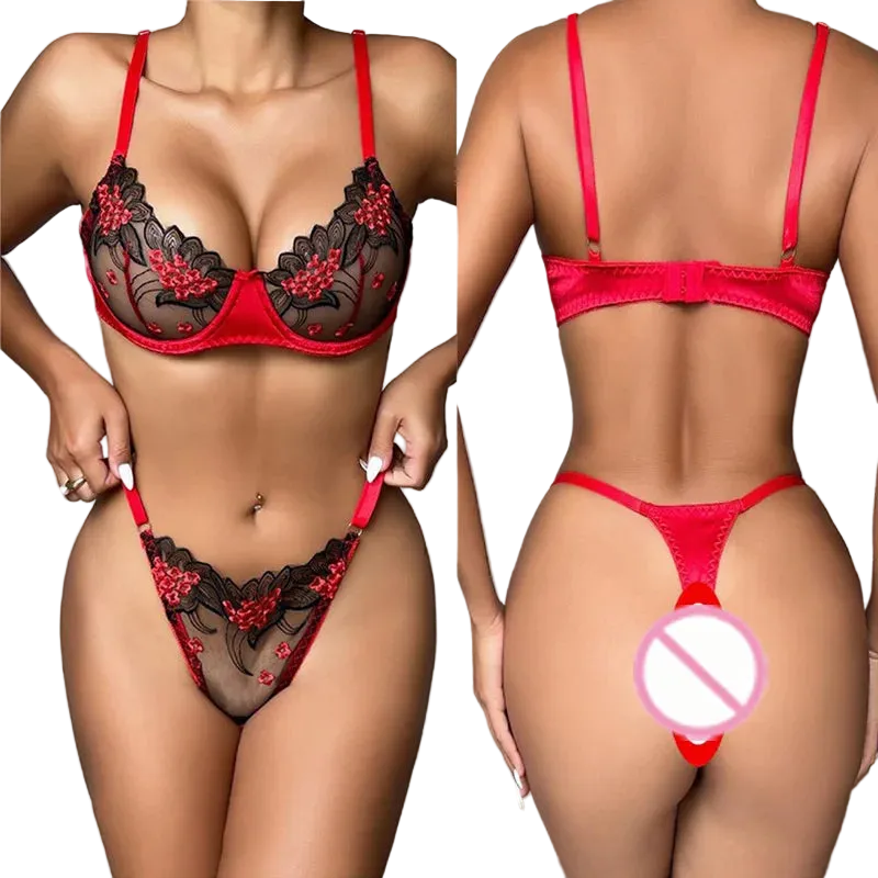 A two-panel view of a woman modeling red and black lace lingerie. The left panel shows the front view of a red underwire bra with black floral lace cups and matching red-and-black lace thong.