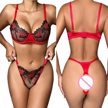 A two-panel view of a woman modeling red and black lace lingerie. The left panel shows the front view of a red underwire bra with black floral lace cups and matching red-and-black lace thong.