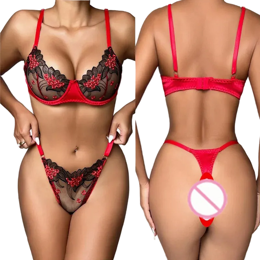 A two-panel view of a woman modeling red and black lace lingerie. The left panel shows the front view of a red underwire bra with black floral lace cups and matching red-and-black lace thong.