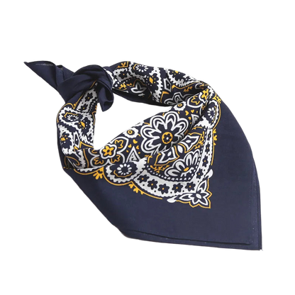 Navy blue bandana with white and yellow floral pattern on a white background