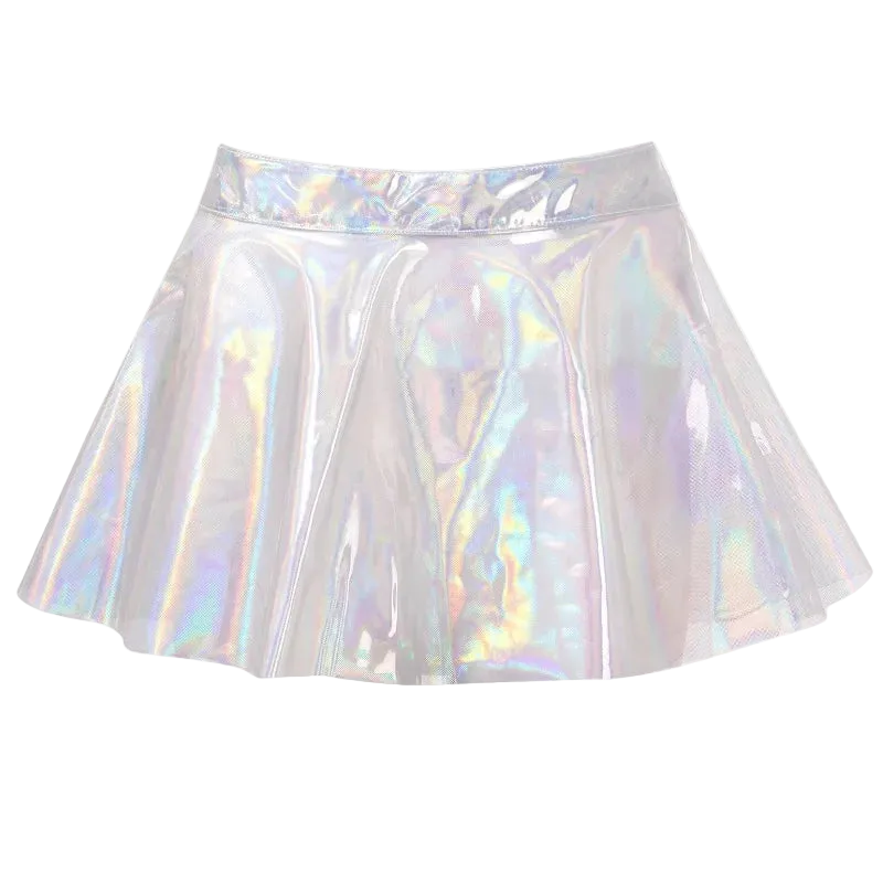 An iridescent holographic pleated mini skirt with a wide elastic waistband, shown against a plain white background.