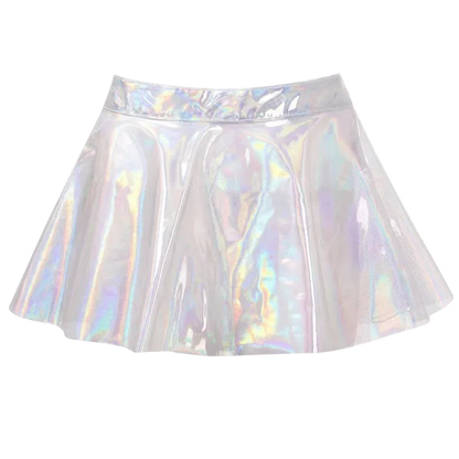 An iridescent holographic pleated mini skirt with a wide elastic waistband, shown against a plain white background.